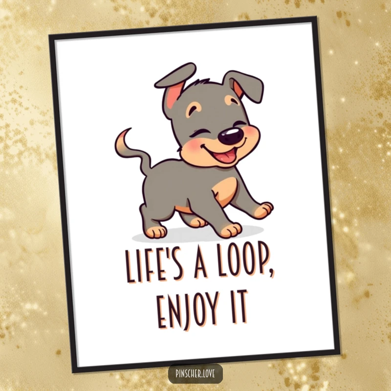 Funny Free Printable Wall Art: A joyful pinscher character caught mid-giggle while enthusiastically chasing its own perpetually wagging tail.