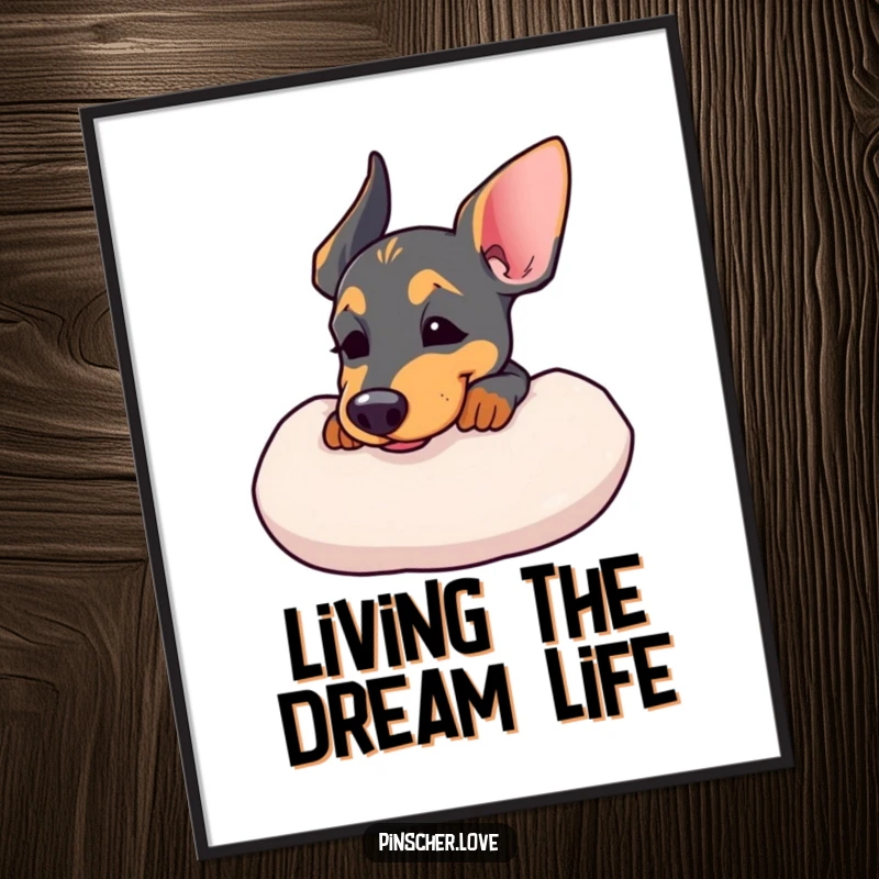 Funny Free Printable Wall Art: A pinscher dog resting its chin on a cushion, exuding contentment and peace.