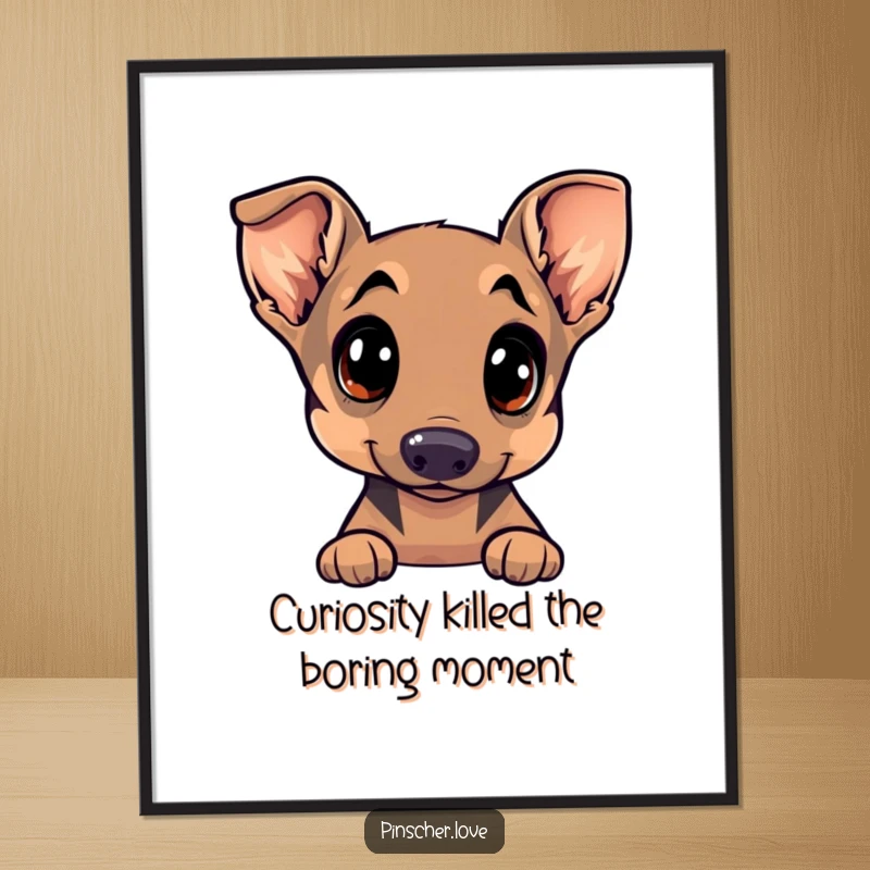 Funny Free Printable Wall Art, adorable Pinscher dog with wide, curious eyes and a tilted head, exuding playful charm.