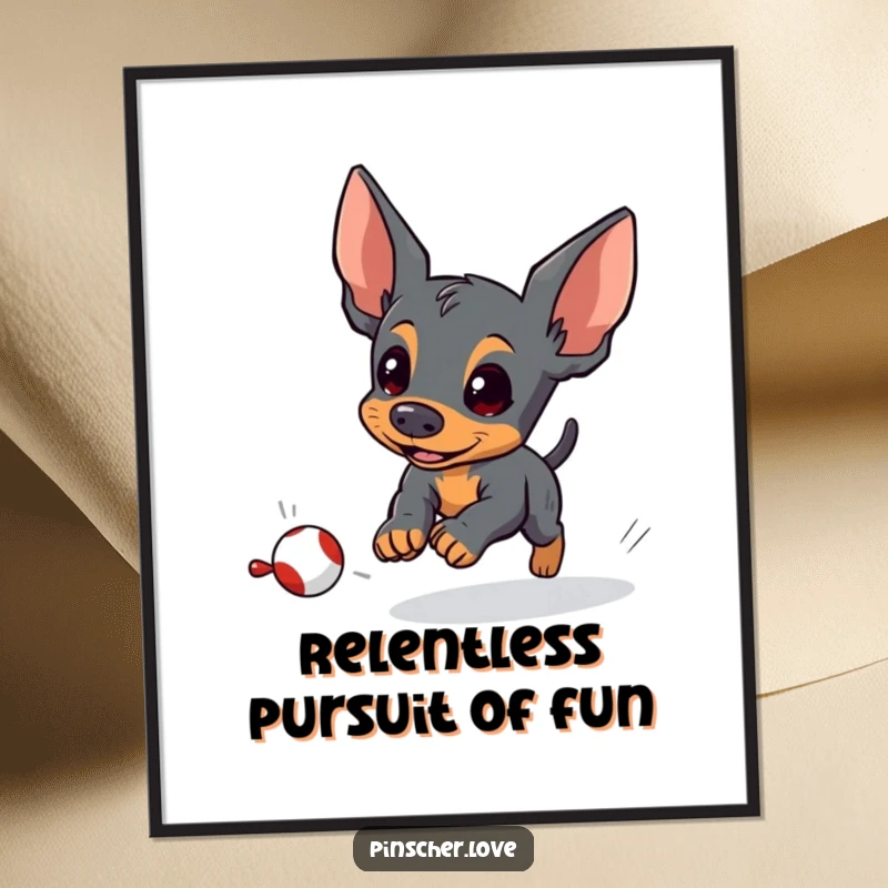 Free Printable Wall Art: A pinscher character energetically chasing a small, fleeing toy with focused, humorous intensity.