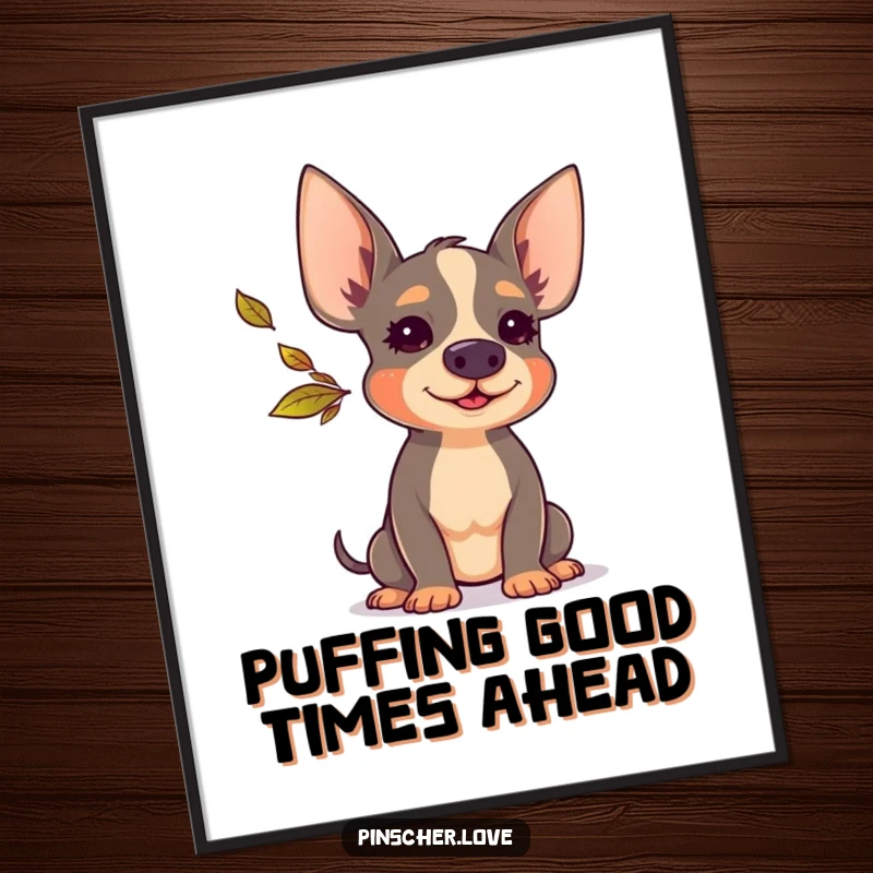 Funny Free Printable Wall Art: Admire a pinscher character happily blowing a tiny colorful leaf, perfect downloadable art.
