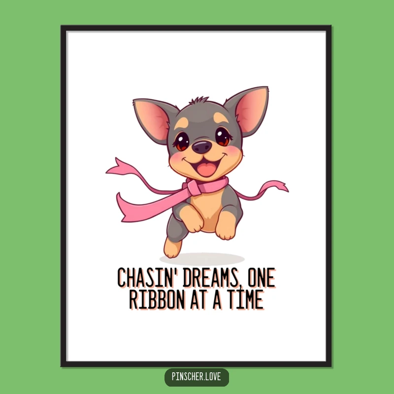 Funny Free Printable Wall Art: Pinscher Puppy Ribbon Chase - Playful Dog Decor Downloadable