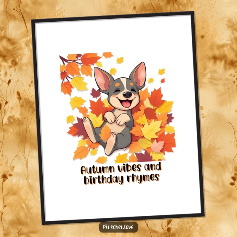 Funny free printable wall art showing a black pinscher dog blissfully rolling in a huge pile of bright, colorful autumn leaves.