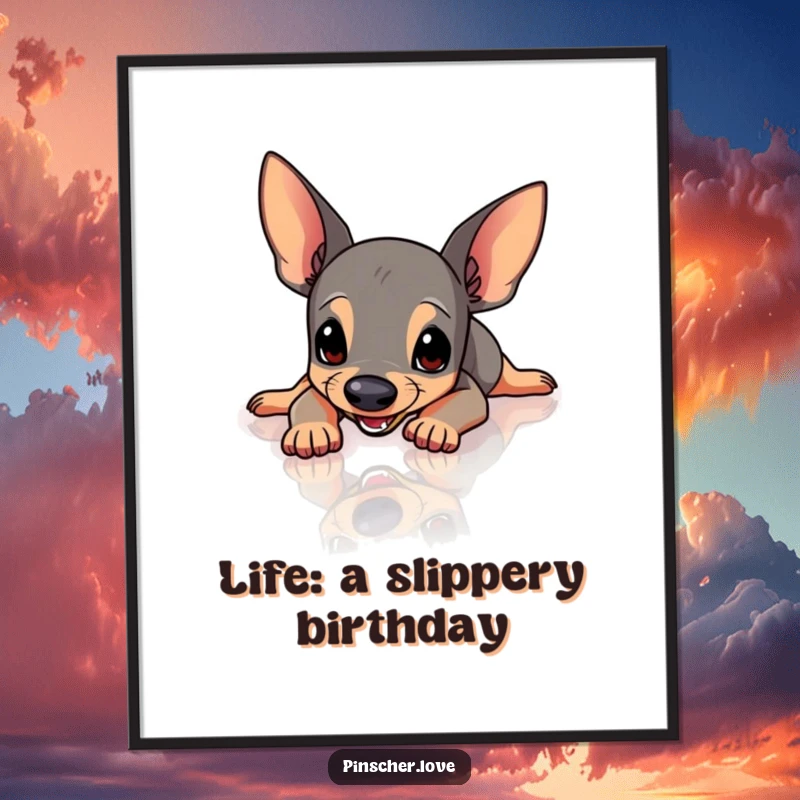 Funny free printable wall art depicting a small pinscher dog comically slipping and flailing on a super slick, highly polished floor.