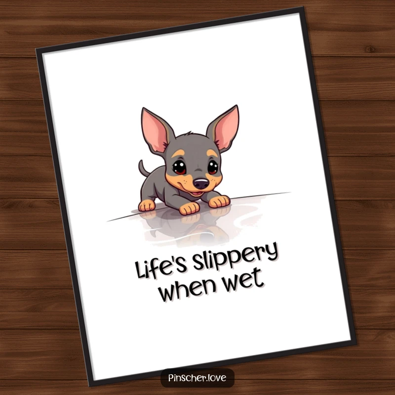 Funny Free Printable Wall Art: A Pinscher character is caught mid-slip on a polished floor, a humorous, dynamic pose.