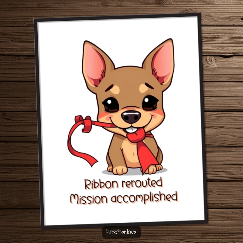 Funny Free Printable Wall Art, mischievous Pinscher dog with a cheeky grin, playfully grabbing a dangling red ribbon, perfect for humor lovers.