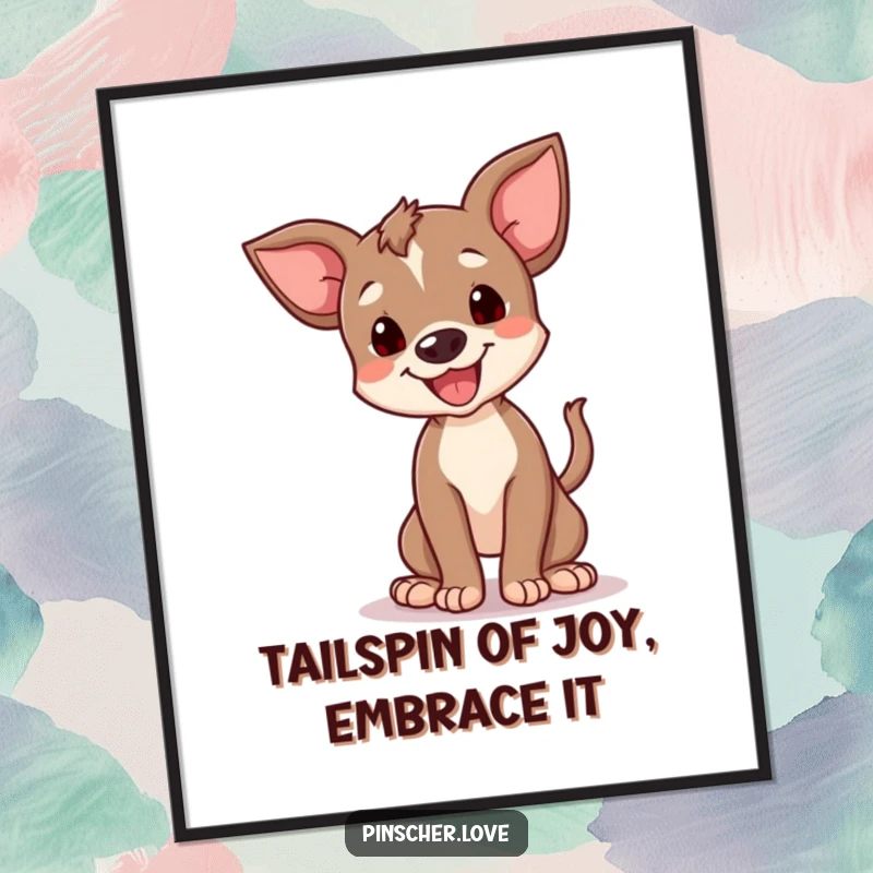 Funny Free Printable Wall Art: A happy pinscher cub captured in a hilarious, energetic spin with its tail wagging.