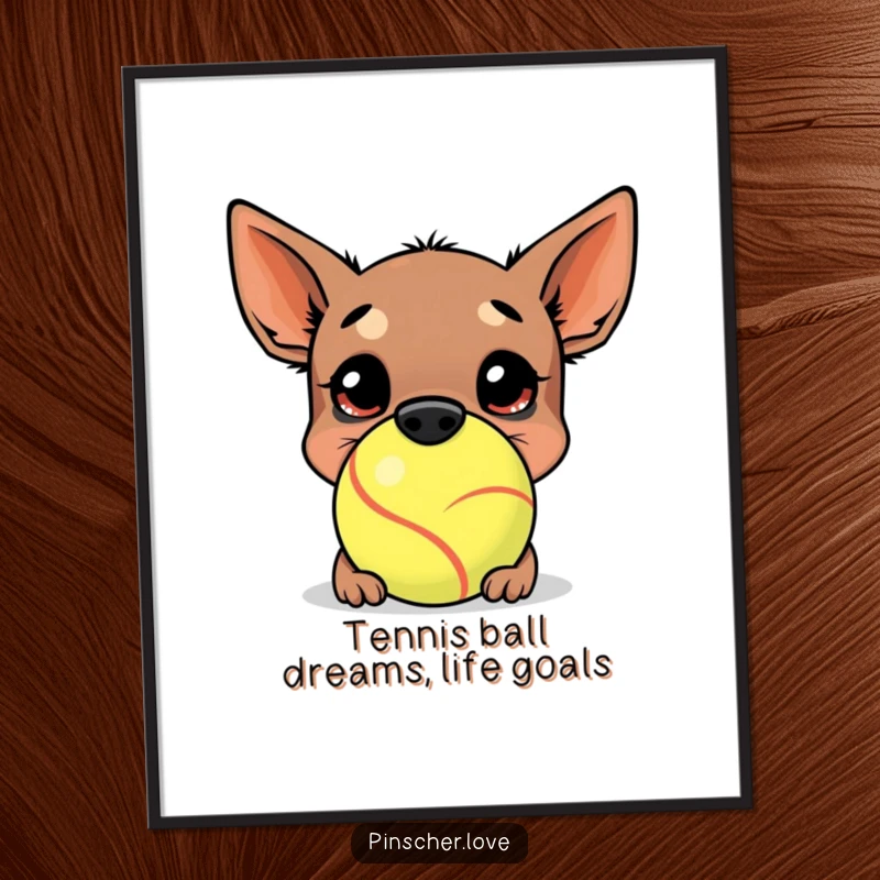 Funny Free Printable Wall Art: A happy pinscher dog burying its nose in a comically large tennis ball, quirky decor.