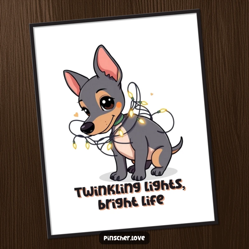 Funny Free Printable Wall Art: A playful Pinscher delightfully tangled in a strand of small, glowing fairy lights, radiating charm.