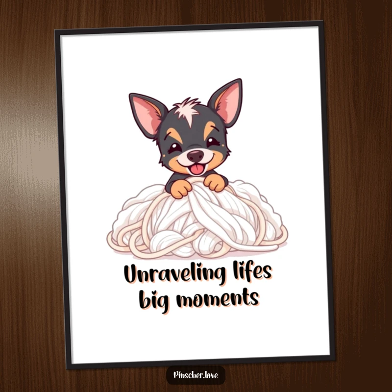 Funny Free Printable Wall Art: Adorable Pinscher digging enthusiastically into a fluffy pile of colorful yarn, bringing joy.