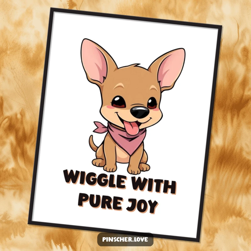Funny Free Printable Wall Art: A stylish Pinscher character in a tiny bandana, wiggling with infectious pure joy and charm.