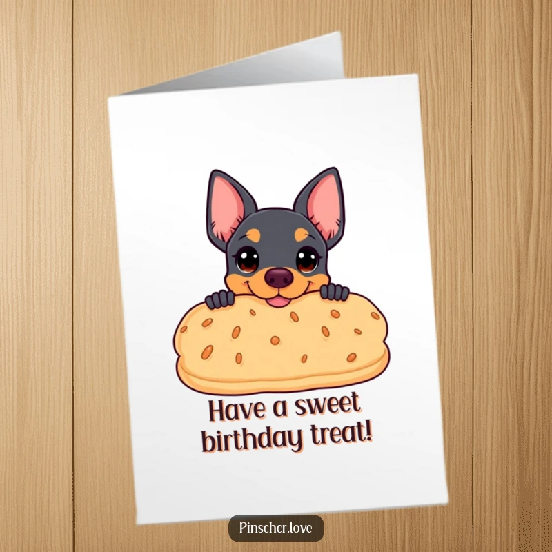 Funny free printable birthday card: Pinscher peeking coyly from behind a giant, smiling biscuit, sharing a secret.