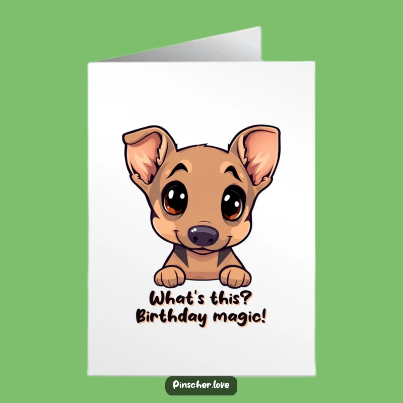 Free Printable Birthday Card: Curious Pinscher Dog with Playful Glint, Funny Downloadable Gift