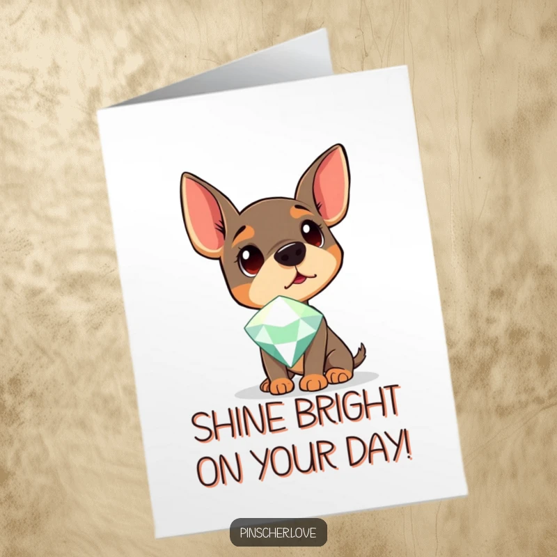 Funny Free Printable Birthday Card: A Pinscher tilts its head, mesmerized by a giant sparkling gem. Whimsical downloadable art.