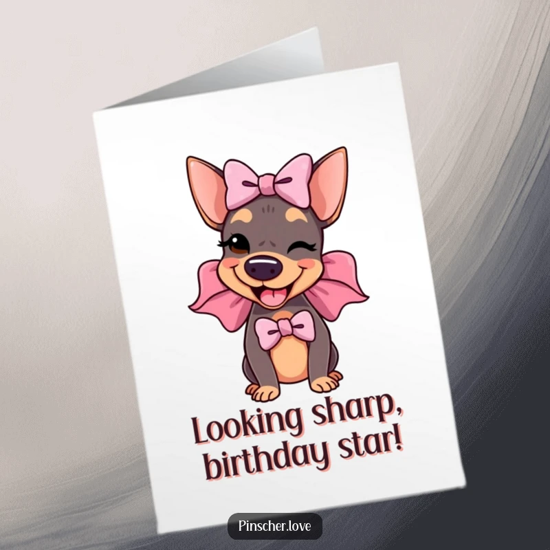 Funny Free Printable Birthday Card: A delighted pinscher dog wearing an enormous, floppy bow and winking, celebrating in style.