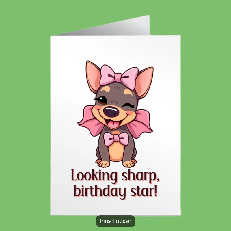 Free Printable Birthday Card: Dapper Pinscher Dog with Big Bow Downloadable Gift