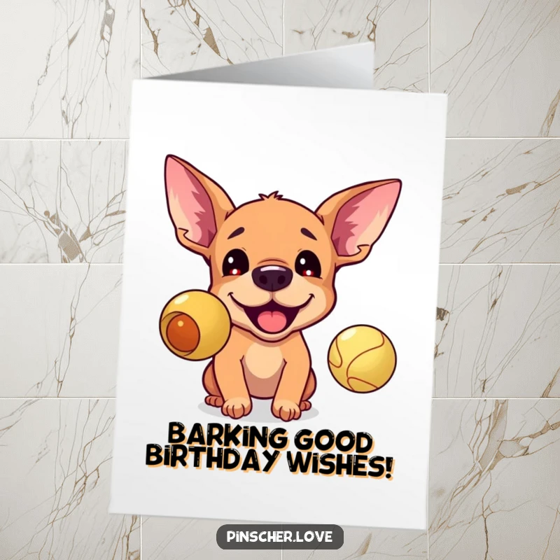Funny free printable birthday card: Energetic Pinscher with perked ears, excitedly barking at a bouncing ball.