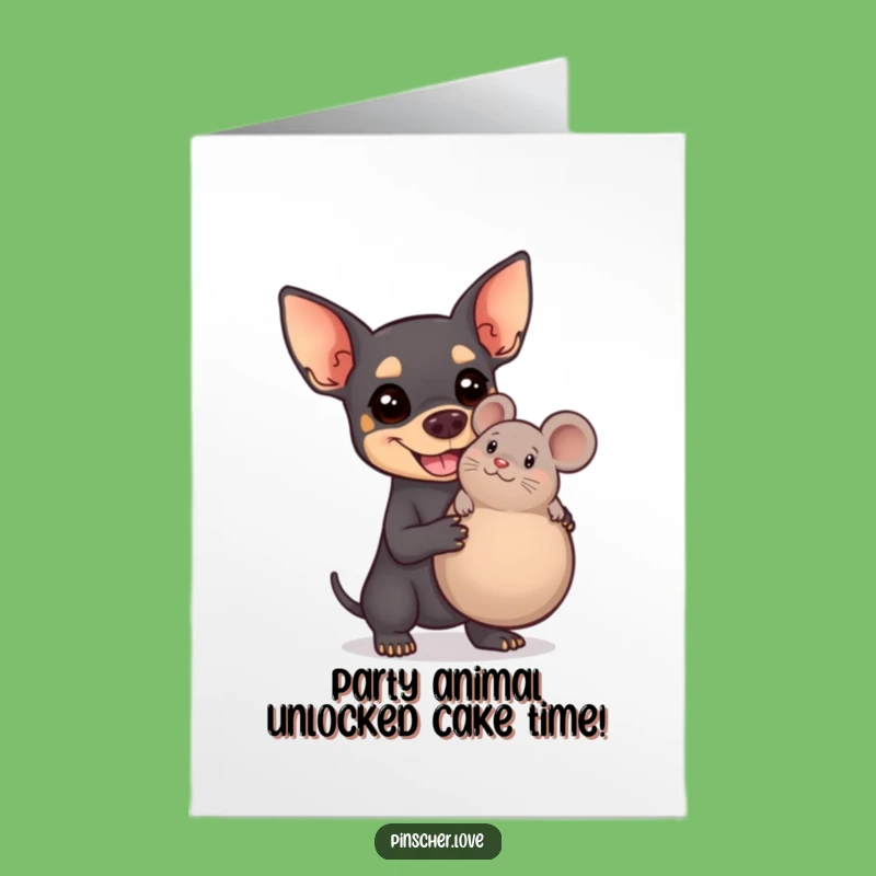 Free Printable Birthday Card: Funny Pinscher Dog with Giant Mouse Toy, Hilarious Downloadable Gift