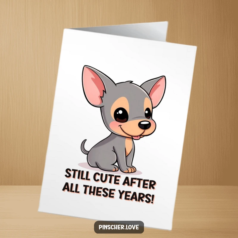Funny Free Printable Birthday Card: A goofy pinscher dog excitedly rolling on its back with pure joy.