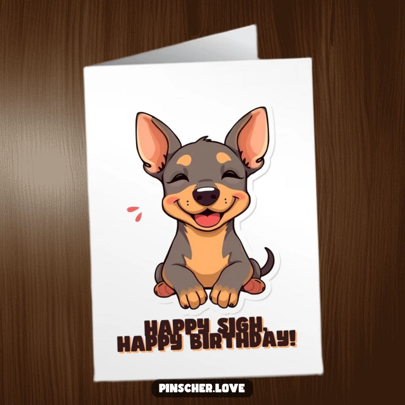 Funny Free Printable Birthday Card: Pinscher dog resting its head, letting out a happy, contented sigh.
