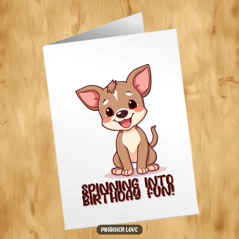 Funny Free Printable Birthday Card: A small, happy pinscher cub in a cute, funny spin, wagging its tail with glee.