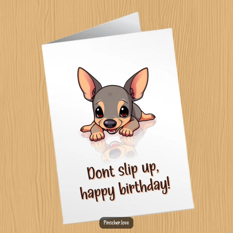 Funny free printable birthday card: a small pinscher dog comically slipping and flailing its legs on a very shiny, slick floor.