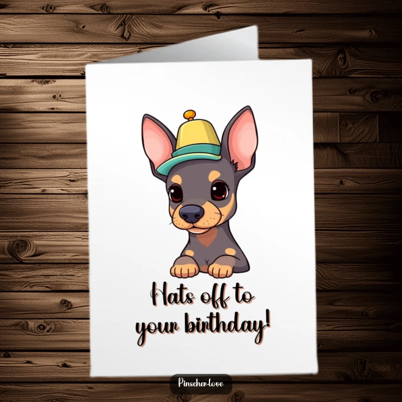 Funny Free Printable Birthday Card: A pinscher dog proudly balancing a colorful hat on its nose, a stylish greeting.