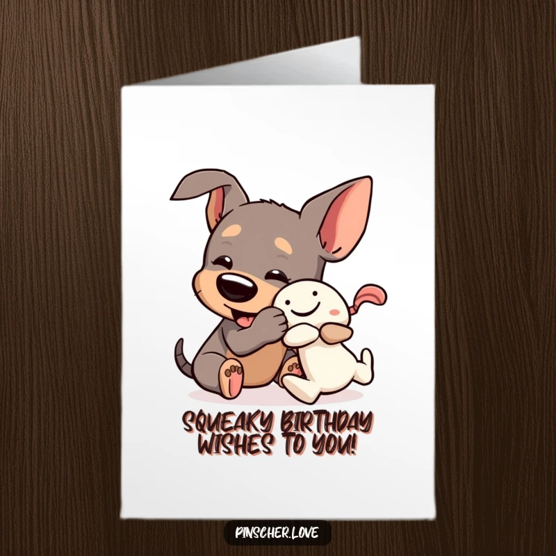 Funny Free Printable Birthday Card: Pinscher dog wrestling a squeaky toy, full of playful energy.