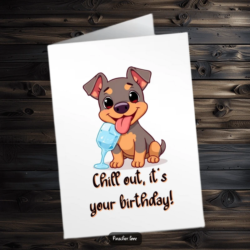 Funny Free Printable Birthday Card: A happy pinscher dog with its tongue out, joyfully licking an ice cube.