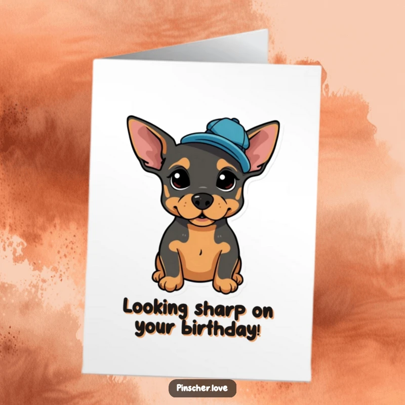 Funny Free Printable Birthday Card: A proud pinscher dog wearing a tiny, jaunty cap tilted stylishly.