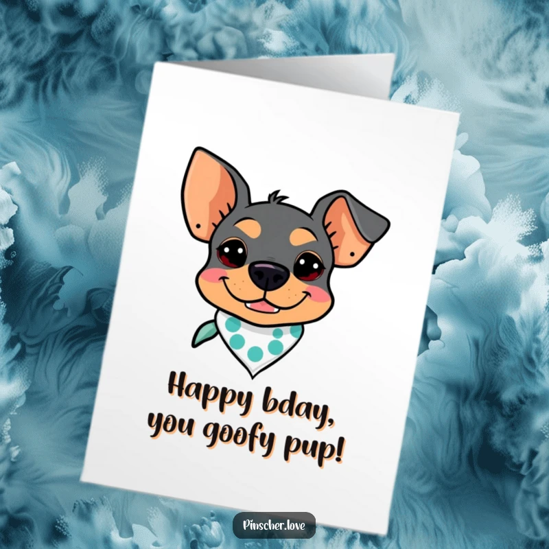 Funny Free Printable Birthday Card: Goofy Pinscher dog with a bandana, grinning widely.