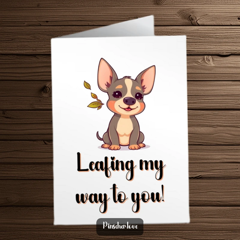 Funny Free Printable Birthday Card: Pinscher character happily blowing a tiny colorful leaf, perfect for a DIY gift.