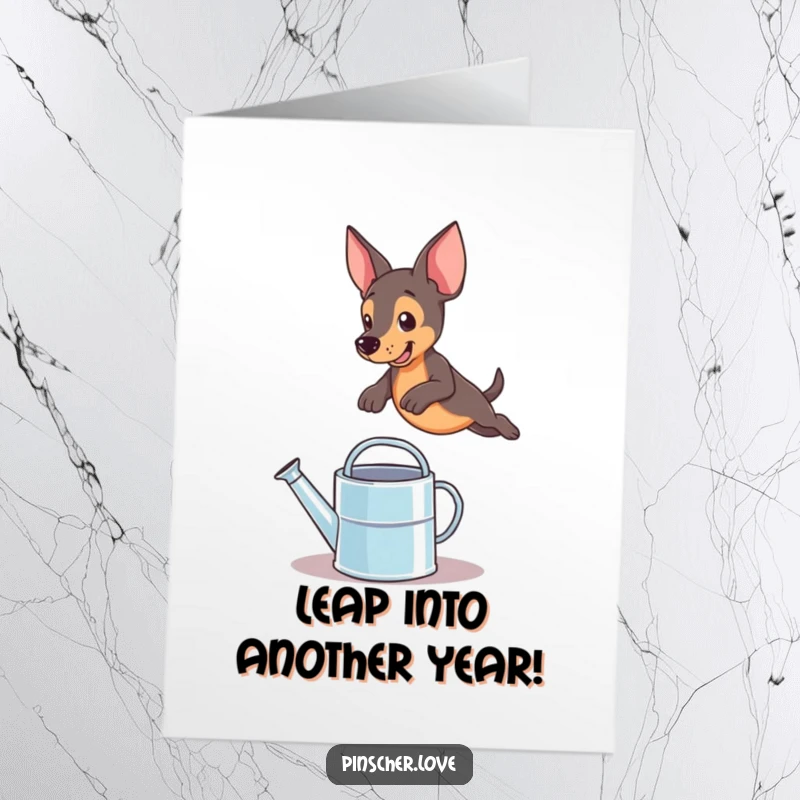 Funny Free Printable Birthday Card: Energetic Pinscher dog mid-air, leaping over a watering can with a joyful expression.