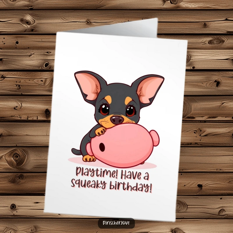 Funny Free Printable Birthday Card showing a pinscher with wide, innocent eyes playfully nudging a giant squeaky toy.