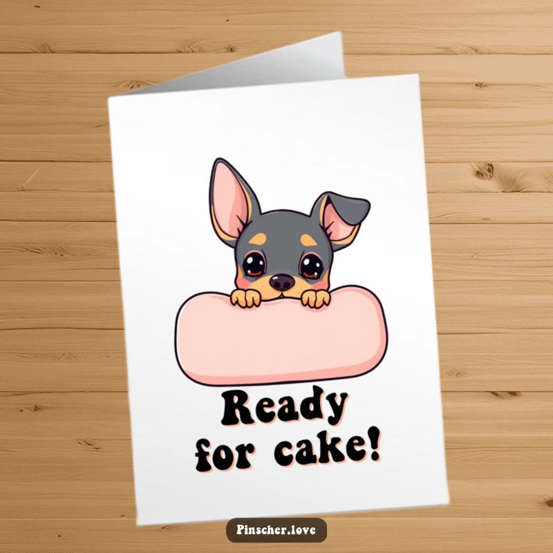 Funny Free Printable Birthday Card: Pinscher character peeking from behind a cushion, full of anticipation, great DIY gift.