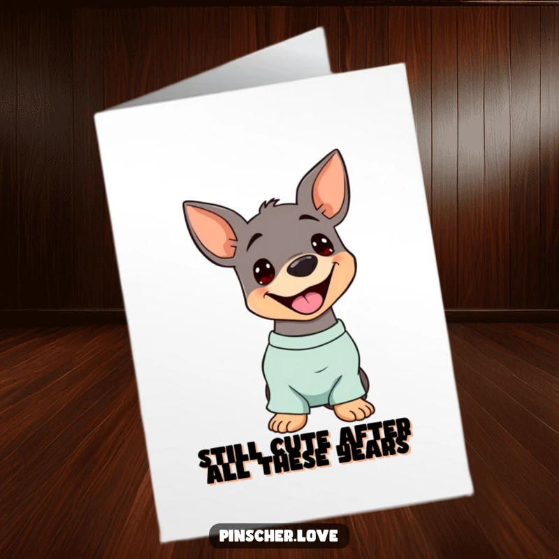 Funny Free Printable Birthday Card: Pinscher dog tilting head, panting happily, ready to celebrate.