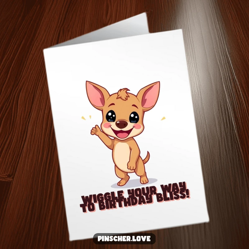 Funny Free Printable Birthday Card: Pinscher dog doing a happy wiggle dance, radiating pure joy and excitement.