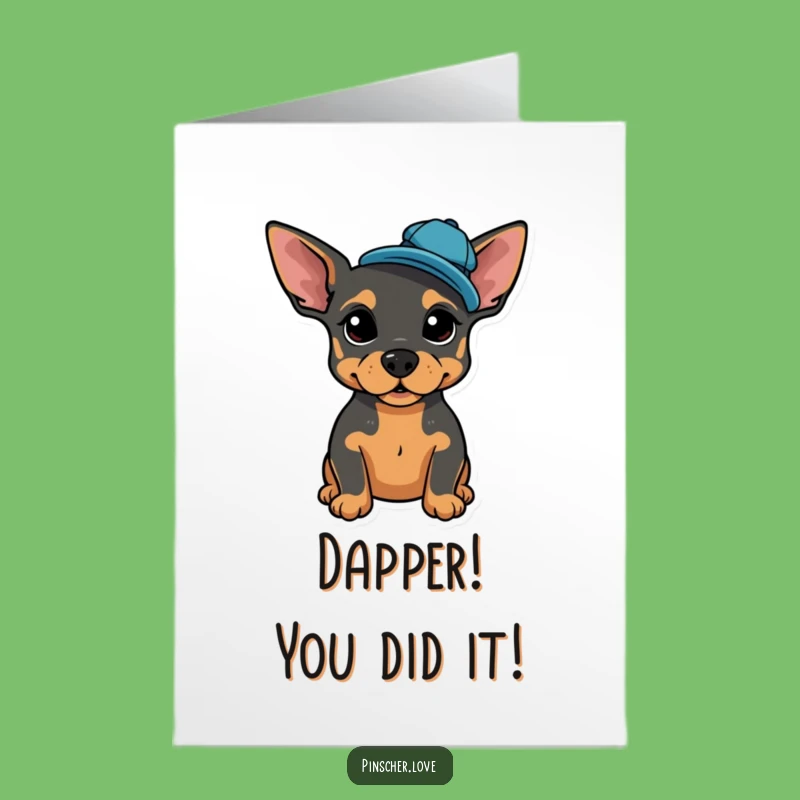 Free Printable Congrats Card: Dapper Pinscher, Tilted Cap, Humorous Downloadable