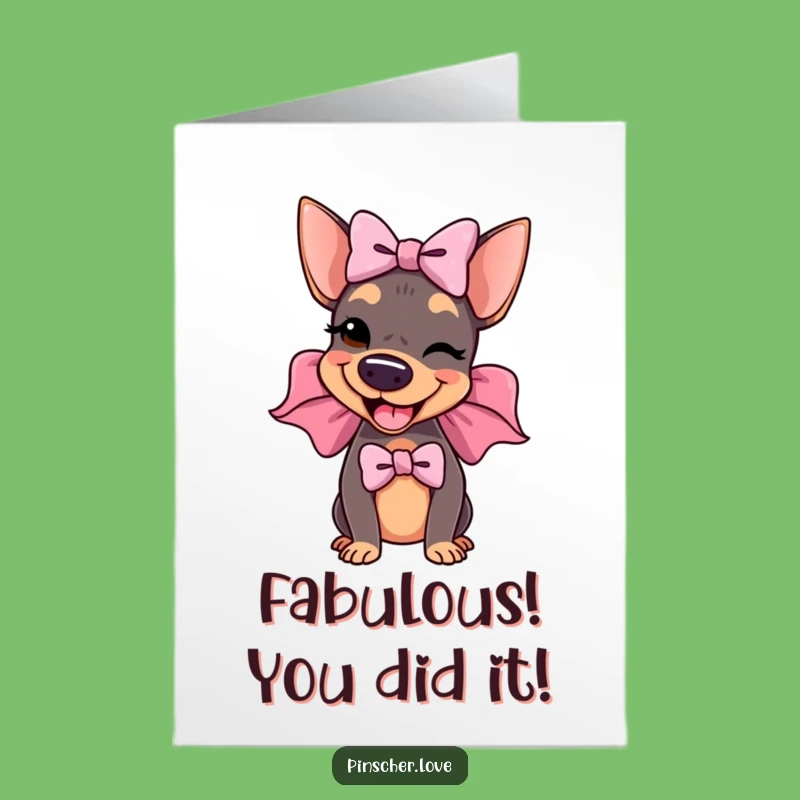 Free Printable Congrats Card: Dapper Pinscher Dog & Big Bow Downloadable