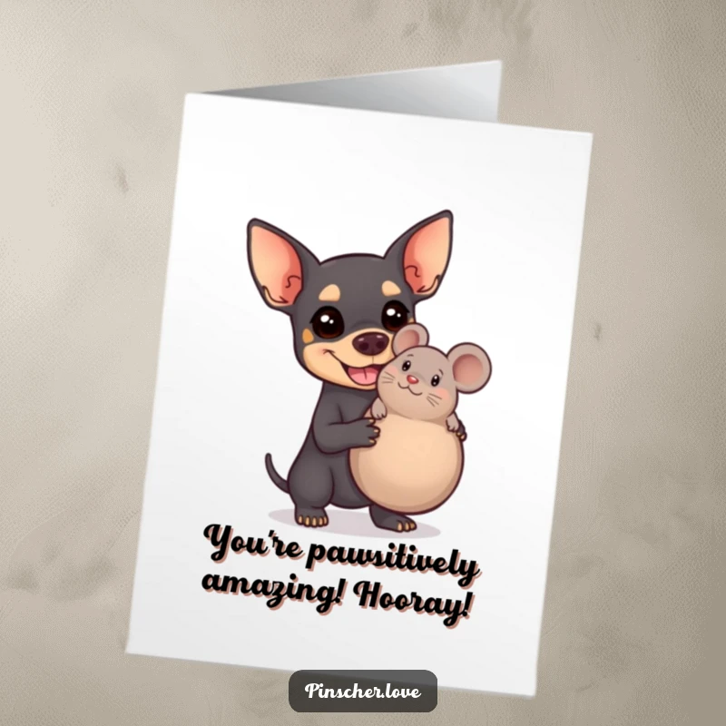 Free Printable Congratulations Card, Pinscher dog beaming, holding oversized squeaky mouse toy, celebrating a win with humor.