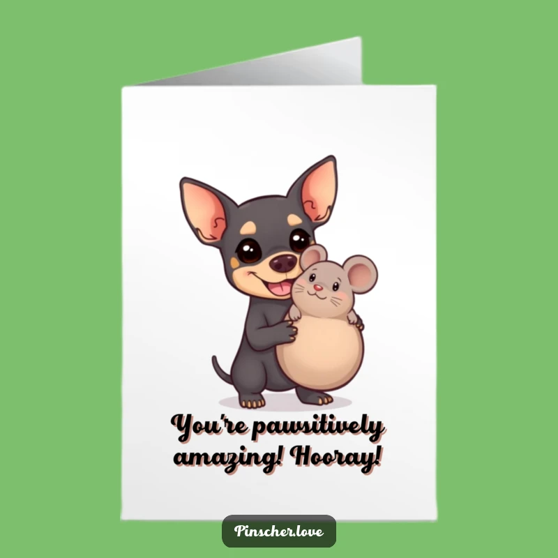 Free Printable Congrats Card: Amused Pinscher Dog with Giant Squeaky Mouse Toy