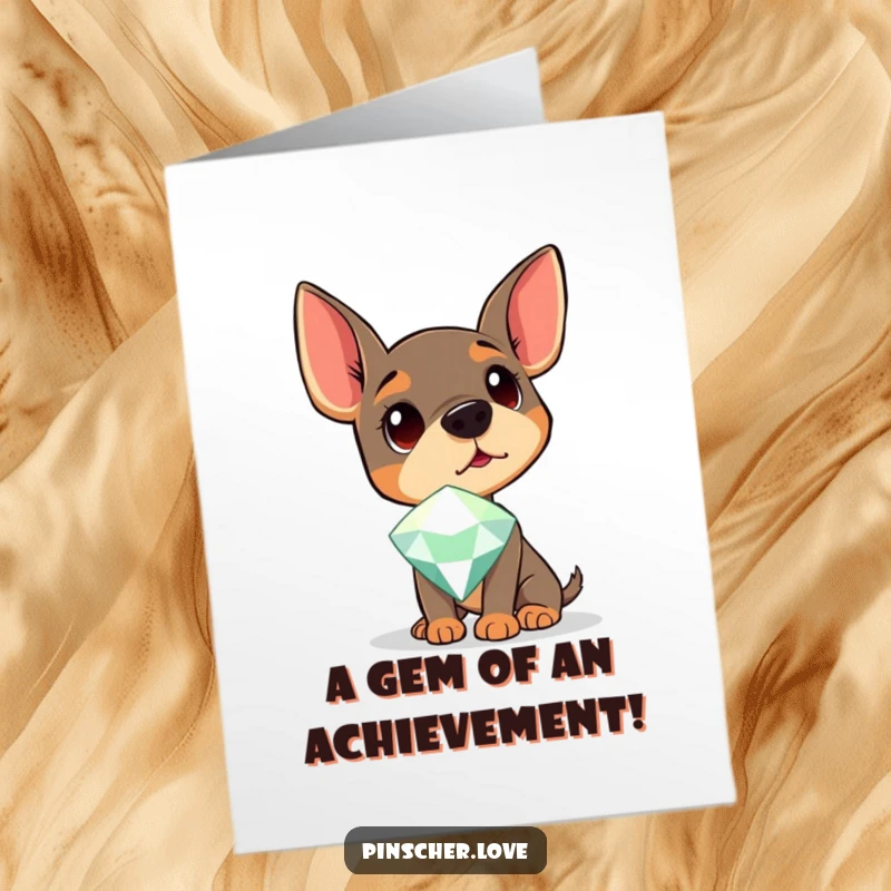 Funny Free Printable Congratulations Card: A Pinscher curiously inspects a huge, glittering gem. Unique celebratory downloadable art.