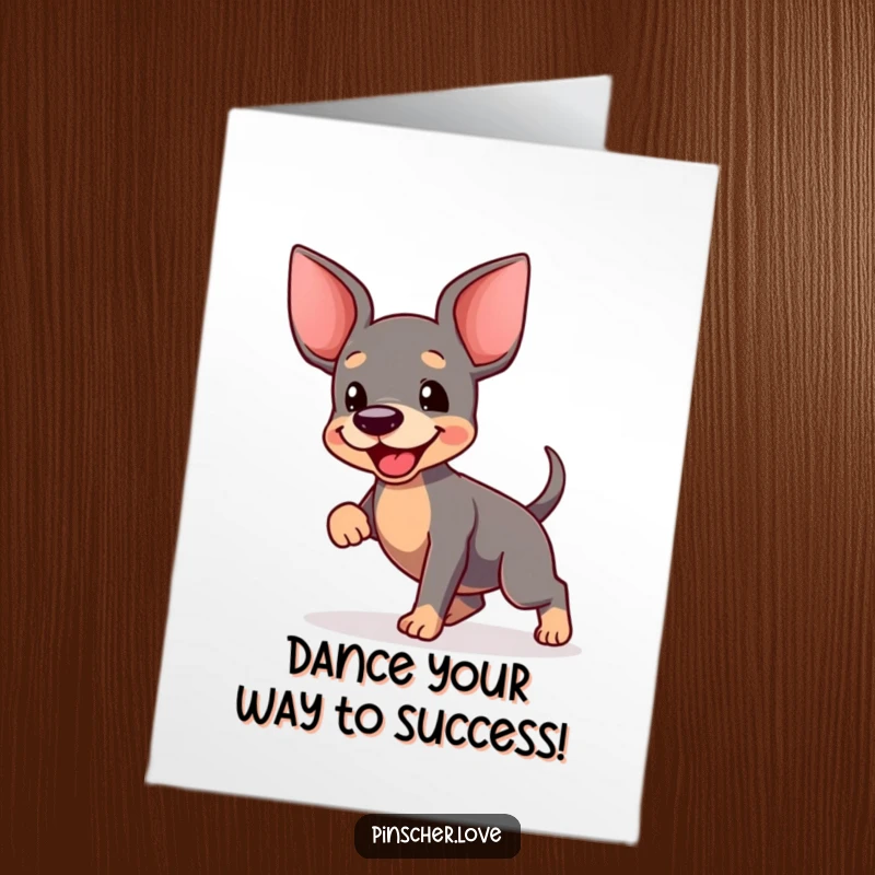 Funny Free Printable Congratulations Card: A pinscher joyfully dances with a blur tail, celebrating your success. Pure canine delight.