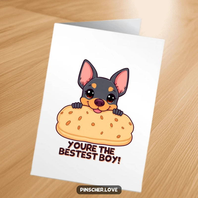Funny free printable congratulations card: Pinscher peeking coyly from behind a giant, smiling biscuit, celebrating joy.