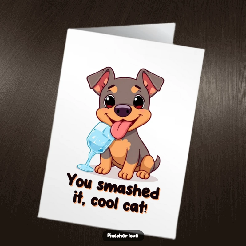 Funny Free Printable Congratulations Card: A pinscher dog panting happily while enjoying a refreshing ice cube.