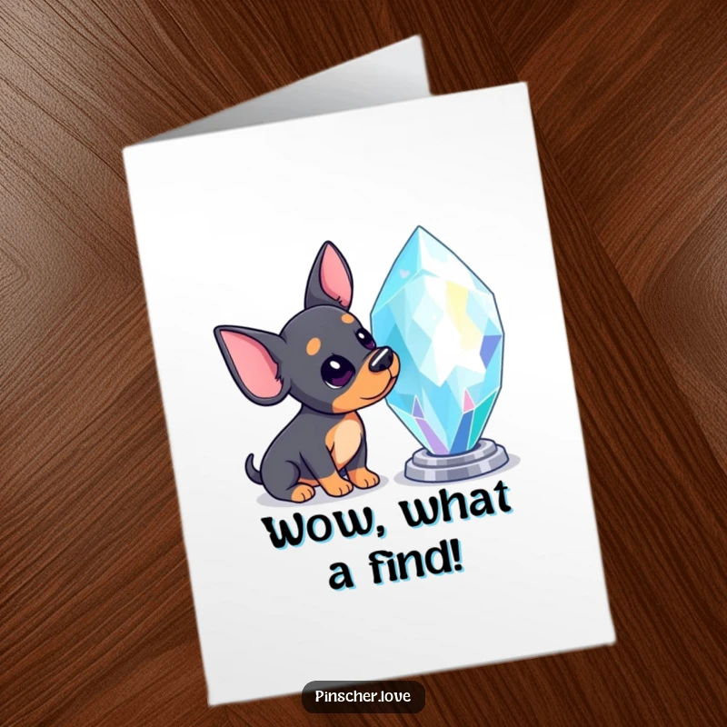 Free printable congratulations card featuring a curious pinscher dog tilting its head in awe at a giant, glittering, sparkling gem.