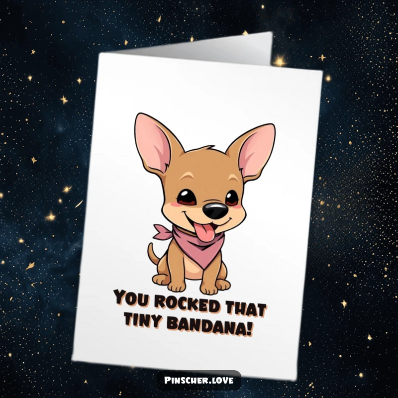 Funny Free Printable Congratulations Card: A Pinscher wearing a bandana, wiggling with pure joy and excitement for their success.