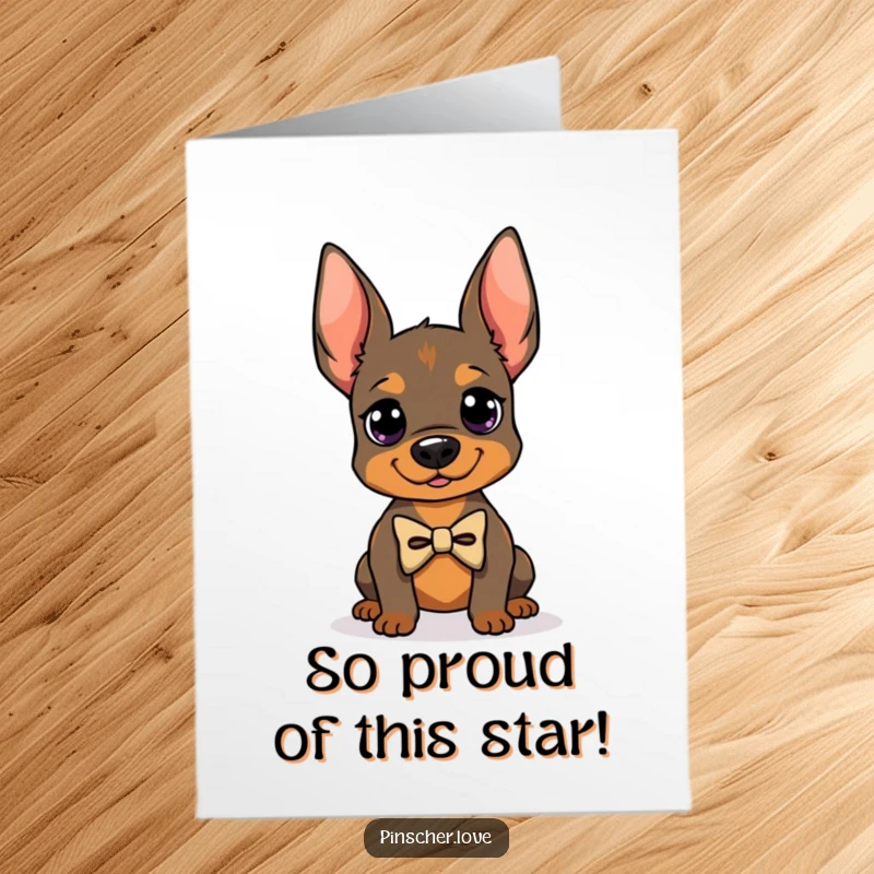 Funny Free Printable Congratulations Card showing a cute pinscher in a tiny bowtie, striking a proud pose to celebrate achievement.