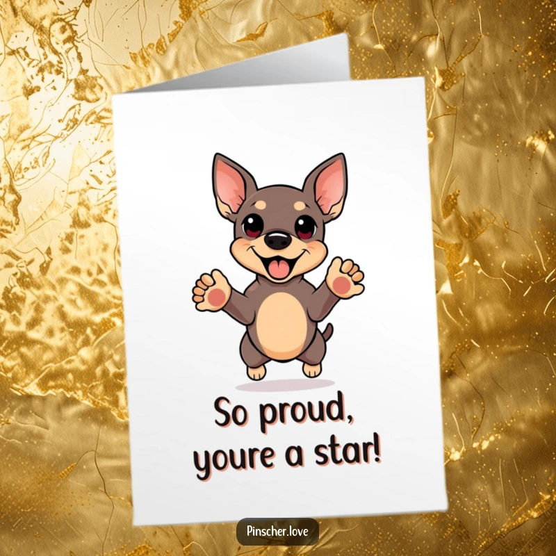 Funny free printable congratulations card: Pinscher doing an excited happy jump, front paws reaching upwards.