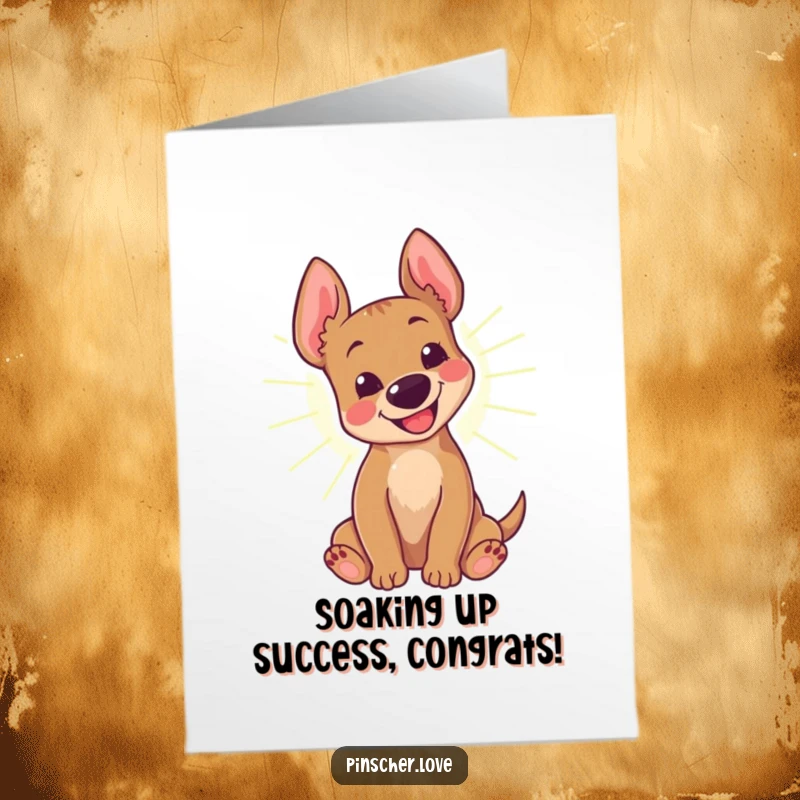 Funny Free Printable Congratulations Card: A pinscher dog joyfully rolling in a golden sunbeam, radiating happiness.